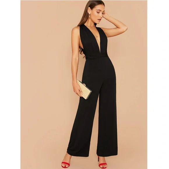 Multi Way Wrap Tie Top Black Elegant Jumpsuit Wide Long Leg Backless - Picture 2 of 16
